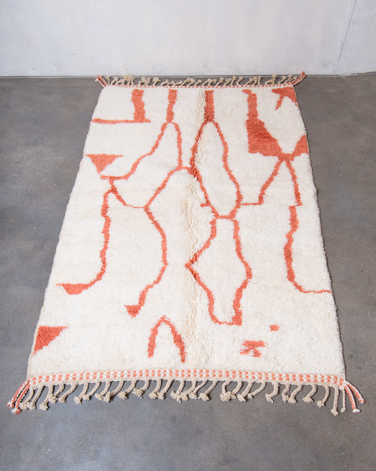 Modern, designer, handcrafted Berber rug from Morocco. Beniourain carpet with beautiful colours and patterns and fluffy wool texture.